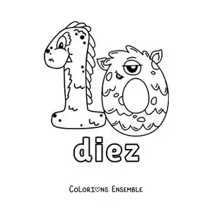 Image à colorier du chiffre 10 en forme de monstre animé d’Halloween