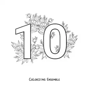 Image à colorier du chiffre 10 décoré de fleurs