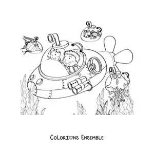 Image à colorier de deux enfants dans un sous-marin avec des poissons animés