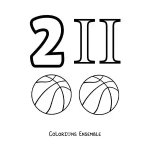 Image à colorier de la fiche du chiffre 2 en chiffres romains avec des dessins animés