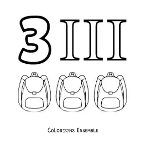 Image à colorier de la fiche du chiffre 3 en chiffres romains avec des dessins animés