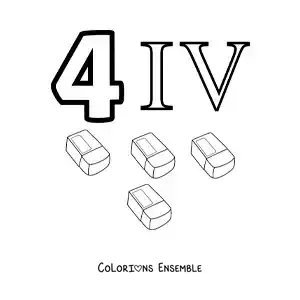 Image à colorier de la fiche du chiffre 4 en chiffres romains avec des dessins animés