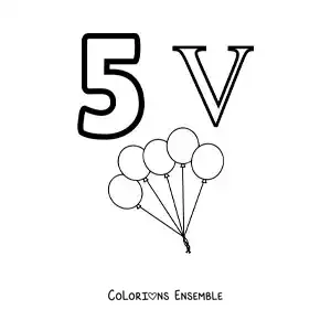 Image à colorier de la fiche du chiffre 5 en chiffres romains avec des dessins animés