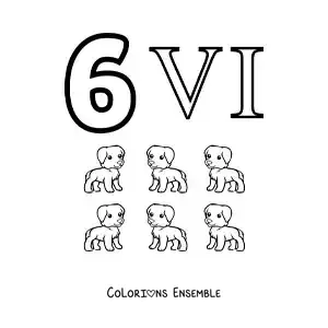 Image à colorier de la fiche du chiffre 6 en chiffres romains avec des dessins animés