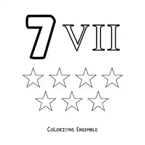 Image à colorier de la fiche du chiffre 7 en chiffres romains avec des dessins animés