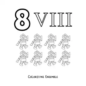 Image à colorier de la fiche du chiffre 8 en chiffres romains avec des dessins animés