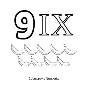 Image à colorier de la fiche du chiffre 9 en chiffres romains avec des dessins animés