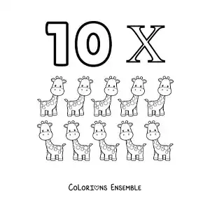Image à colorier de la fiche du chiffre 10 en chiffres romains avec des dessins animés