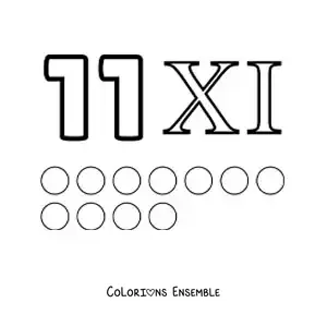 Image à colorier de la fiche du chiffre 11 en chiffres romains avec des dessins animés