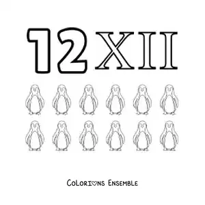 Image à colorier de la fiche du chiffre 12 en chiffres romains avec des dessins animés