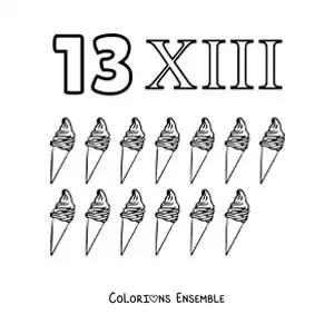 Image à colorier de la fiche du chiffre 13 en chiffres romains avec des dessins animés