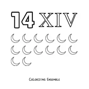 Image à colorier de la fiche du chiffre 14 en chiffres romains avec des dessins animés