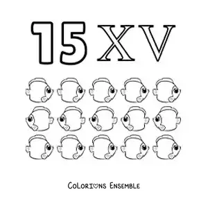 Image à colorier de la fiche du chiffre 15 en chiffres romains avec des dessins animés