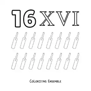 Image à colorier de la fiche du chiffre 16 en chiffres romains avec des dessins animés