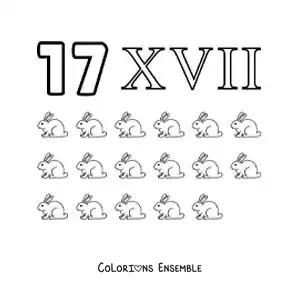 Image à colorier de la fiche du chiffre 17 en chiffres romains avec des dessins animés