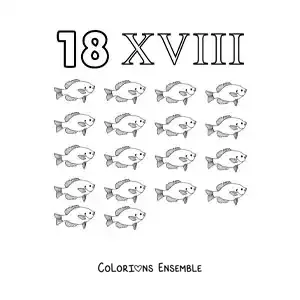 Image à colorier de la fiche du chiffre 18 en chiffres romains avec des dessins animés
