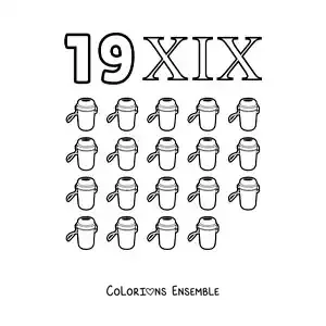 Image à colorier de la fiche du chiffre 19 en chiffres romains avec des dessins animés