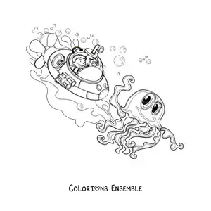 Image à colorier d'une pieuvre animée et de deux enfants dans un sous-marin