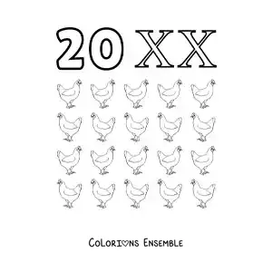 Image à colorier de la fiche du chiffre 20 en chiffres romains avec des dessins animés