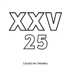 Image à colorier de la fiche du chiffre 25 en chiffres romains avec des dessins animés
