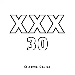 Image à colorier de la fiche du chiffre 30 en chiffres romains avec des dessins animés