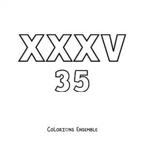 Image à colorier de la fiche du chiffre 35 en chiffres romains avec des dessins animés