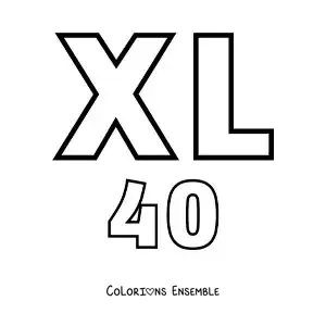Image à colorier de la fiche du chiffre 40 en chiffres romains avec des dessins animés