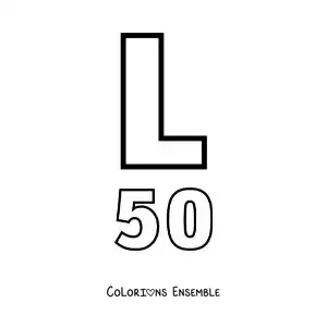 Image à colorier de la fiche du chiffre 50 en chiffres romains avec des dessins animés