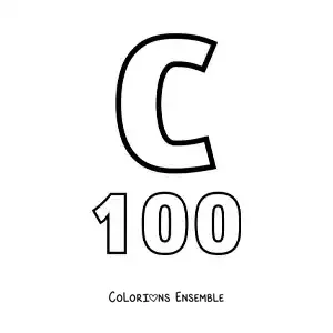 Image à colorier de la fiche du chiffre 100 en chiffres romains avec des dessins animés