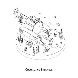 Image à colorier d'un sous-marin scientifique au fond de la mer, parmi les algues et les poissons