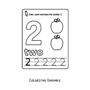 Image à colorier de la fiche pour apprendre le chiffre 2 en anglais avec des fruits
