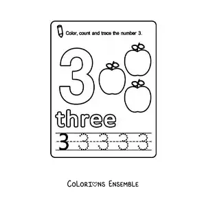 Image à colorier de la fiche pour apprendre le chiffre 3 en anglais avec des fruits