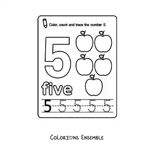 Image à colorier de la fiche pour apprendre le chiffre 5 en anglais avec des fruits