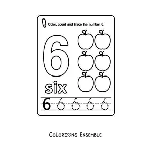 Image à colorier de la fiche pour apprendre le chiffre 6 en anglais avec des fruits