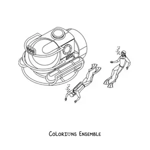 Image à colorier de deux plongeurs à côté d'un sous-marin
