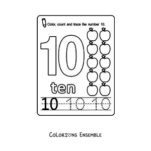 Image à colorier de la fiche pour apprendre le chiffre 10 en anglais avec des fruits