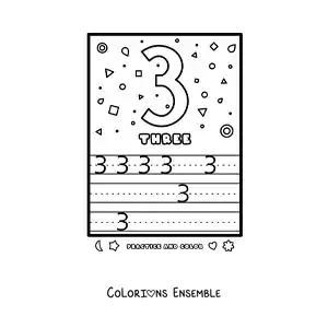 Image à colorier de l’activité pour apprendre le chiffre 3 en anglais