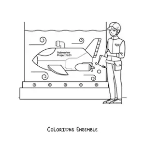 Image à colorier d'un ingénieur naval essayant un sous-marin