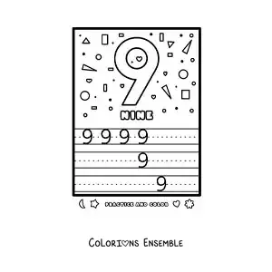 Image à colorier de l’activité pour apprendre le chiffre 9 en anglais