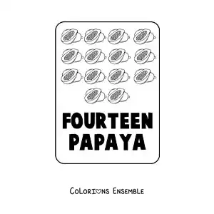 Image à colorier du chiffre 14 en anglais avec des fruits