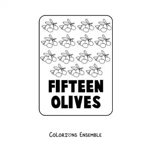 Image à colorier du chiffre 15 en anglais avec des fruits