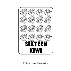 Image à colorier du chiffre 16 en anglais avec des fruits