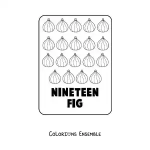 Image à colorier du chiffre 19 en anglais avec des fruits