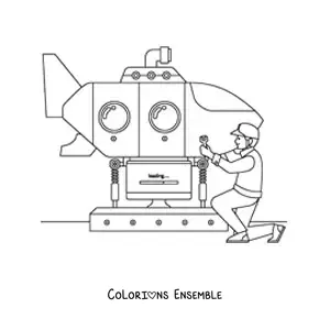 Image à colorier d'un ingénieur naval réparant un sous-marin