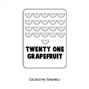 Image à colorier du nombre 21 en anglais avec des fruits