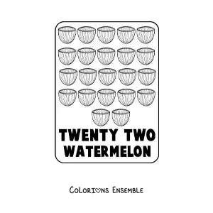 Image à colorier du nombre 22 en anglais avec des fruits
