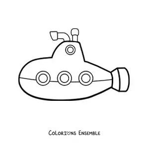 Image à colorier d'un sous-marin tout mignon avec un périscope et trois hublots