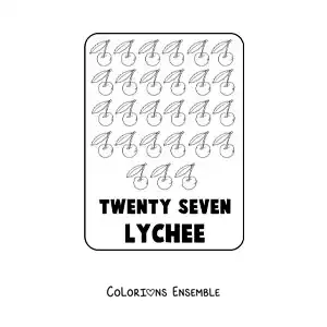 Image à colorier du nombre 27 en anglais avec des fruits