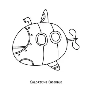 Image à colorier d'un sous-marin tout mignon avec un périscope et deux hublots