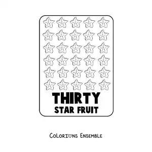 Image à colorier du nombre 30 en anglais avec des fruits